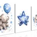 Baby Boy Nursery Canvas Wall Art Set of 3, Blue Elephant Moon and Stars Picture Wall Decor Painting, Cute Animal Baby Girl Nursery Posters Prints for Kids Room Bedroom 12x16 In Framed