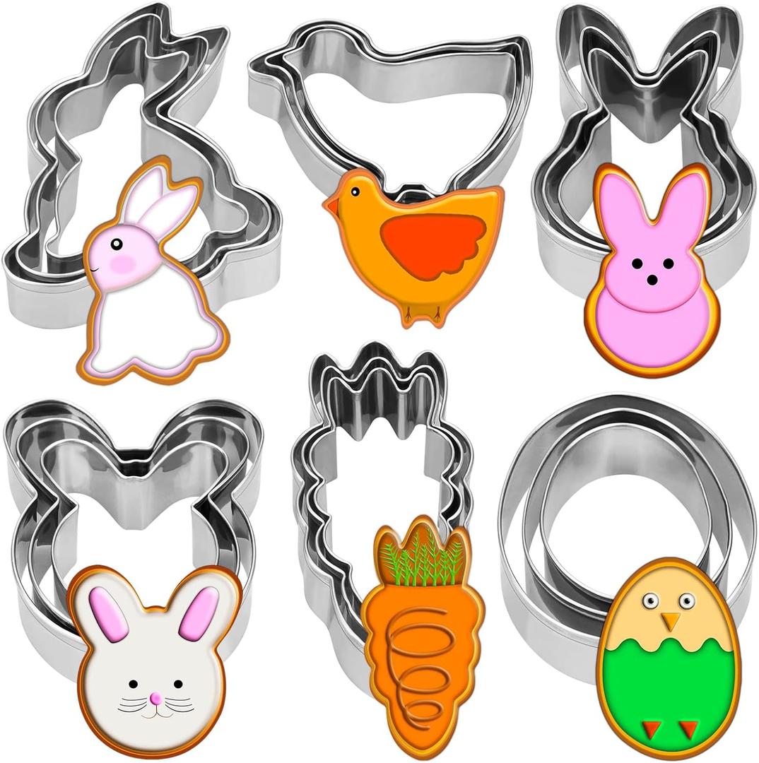 18 Pieces Easter Cookie Cutter Set - Bunny, Bunny Face, Rabbit, Egg, Chick, Carrot - Stainless Steel Easter Cookie Cutters - Large Cookie Cutters for Spring Holiday Baking