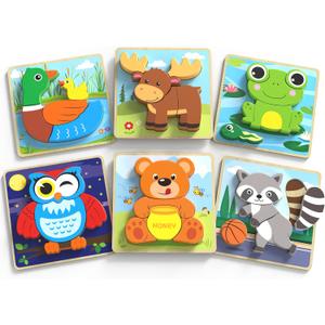 BenBen Wooden Puzzles for Toddlers 1-3, 6 Pack Animal Puzzles for Toddlers 2-4, Montessori Toys for 1 2 3 Year Old Boys Girls, Learning Educational Preschool Toys