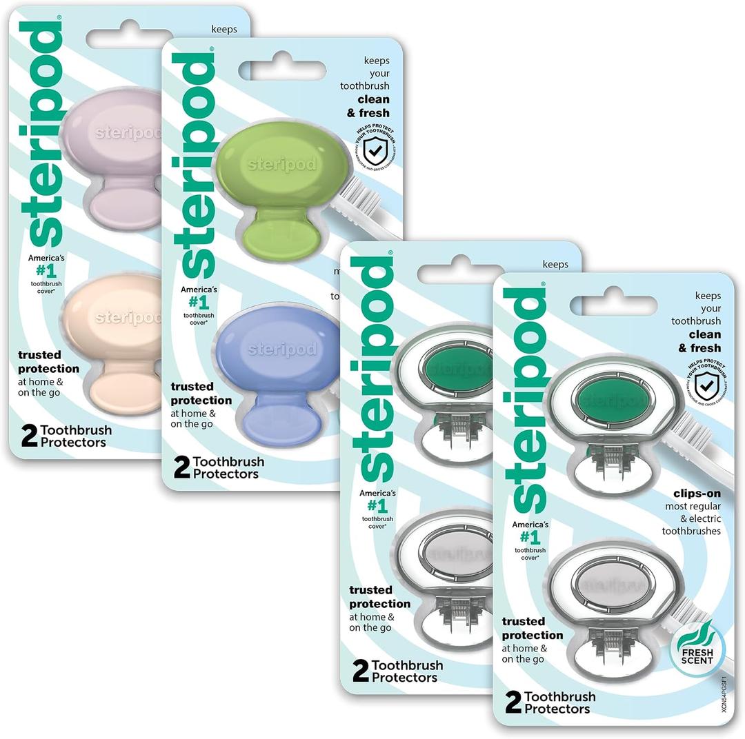 Steripod Clip-On Toothbrush Protector Exclusive Multi Color, 2 Count (Pack of 4)