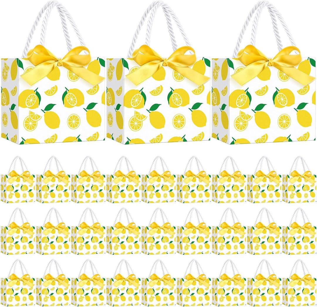 Moinchore 30 Pcs Yellow Lemon Gift Bags Bulk 5.5 x 4.7 x 2.5 in Mini Summer Fruit Favor Bags with Handles Bow Ribbon Wrap for Lemon Birthday Bridal Shower Wedding Party Supplies Family Holiday Travel