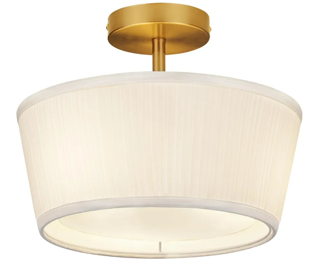 Gold Semi Flush Mount Ceiling Light Fixture,3-Light Ceiling Mount Drum Light Fixture with White Fabric Shade,12.6inch Modern Close to Ceiling Lamps for Living Room, Bedroom, Dining Room,Hallway