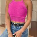 WDIRARA Women's Eyelet Halter Crop Top Lace Embroidery Slim Fitted Tops (Pink)