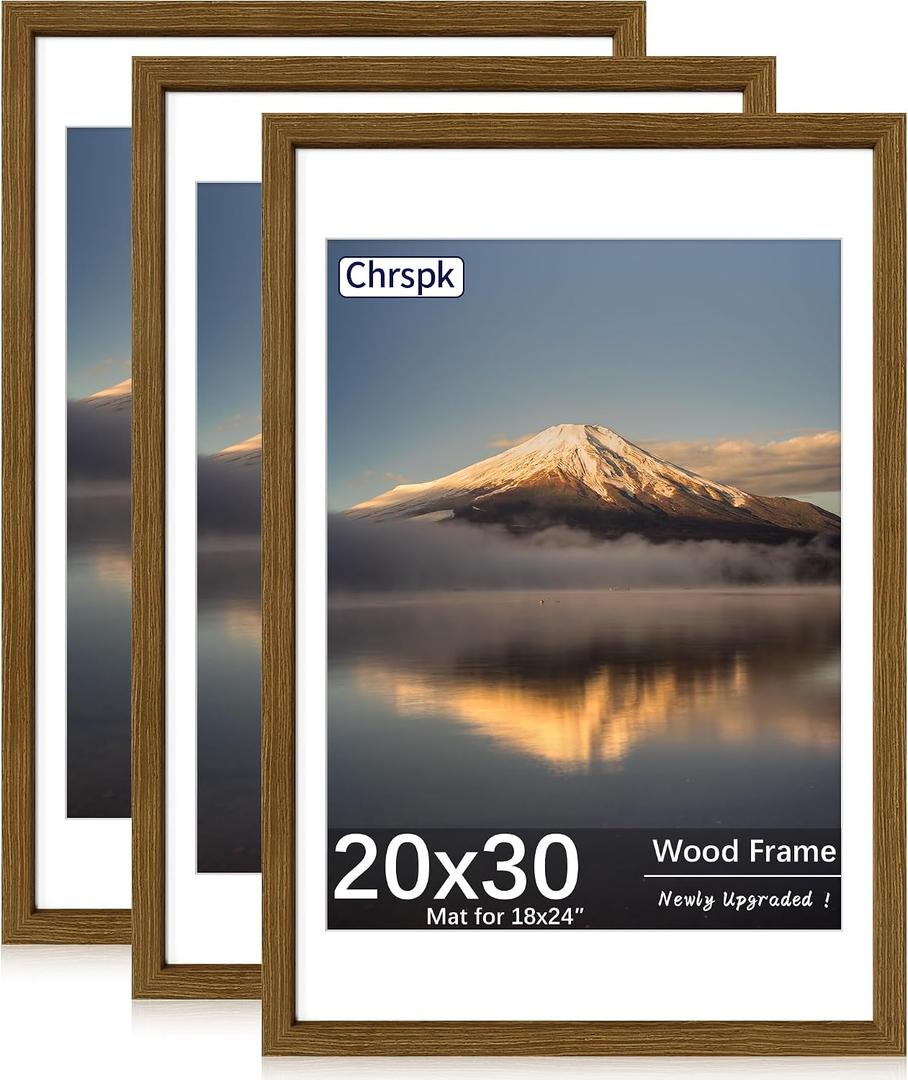 20x30 Poster Frame, Rustic Brown Wood Frame with 16x24 Mat, 3 Pack