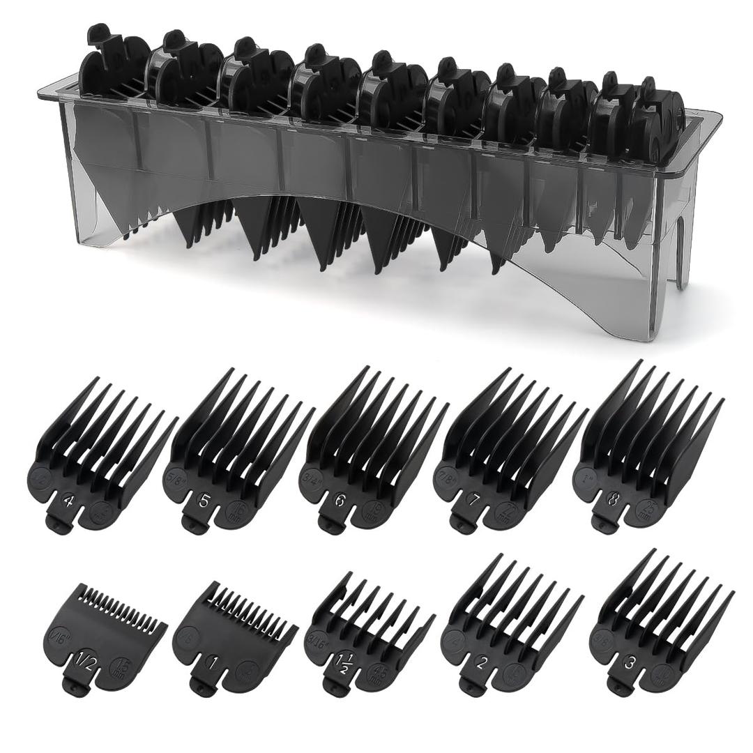 Clipper Guards Set Compatible with Most Wahl Clippers with Holder, Clipper Guides Replacement - 1/16" to 1", 10 Piece Set, Black Color