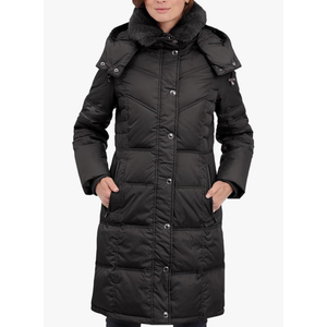LONDON FOG womens Chevron Coat With Faux Fur Trimmed Hood, Black, Medium