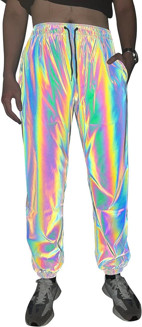 LZLRUN Rainbow Reflective Shorts Pants Men Trousers Casual Night Jogger (XXL, Pants)