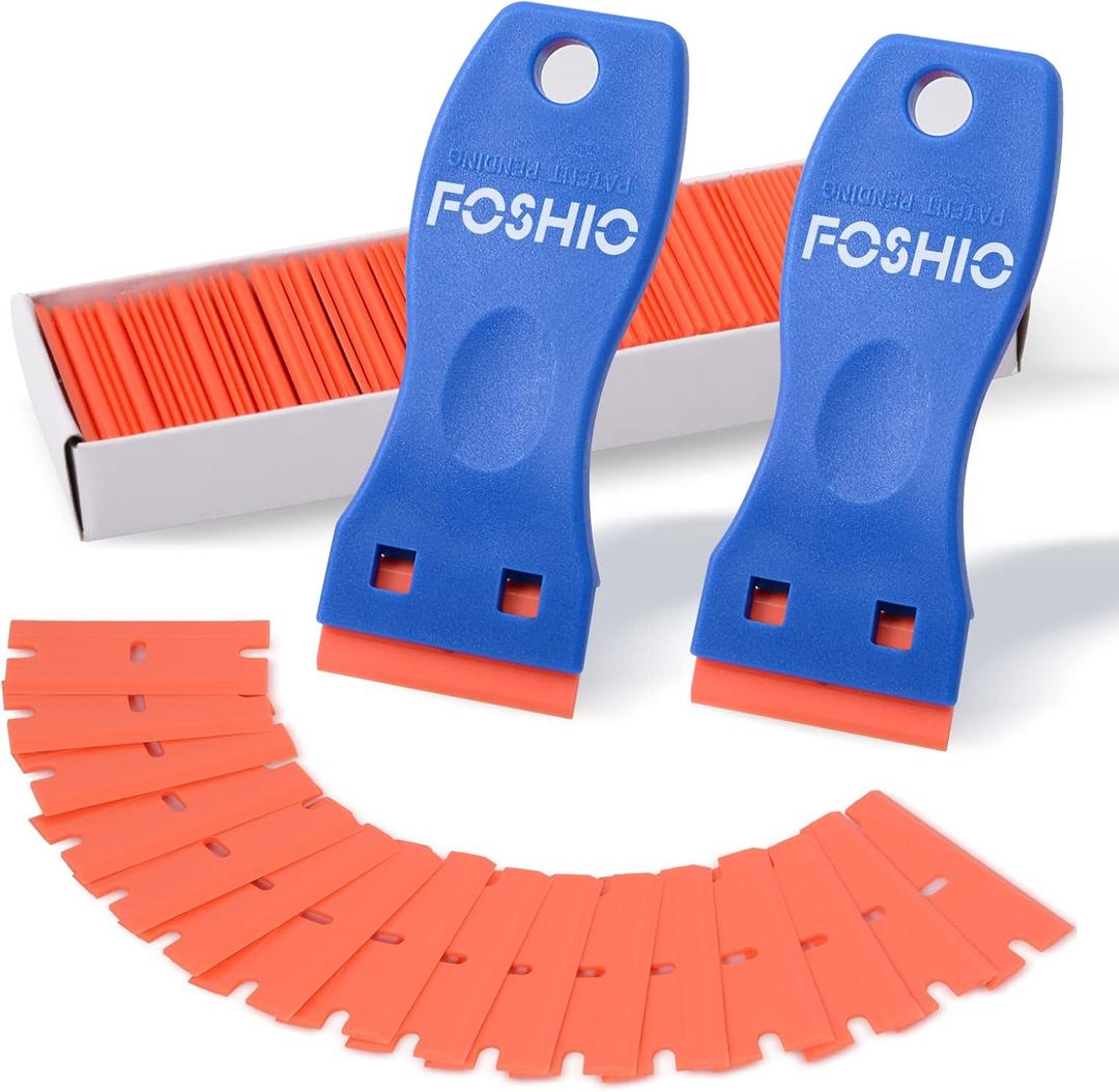 FOSHIO Plastic Razor Blade Scraper Include 2PCS Scraper Tool and 100PCS Blades for Gasket Remover, Labels Decal and Adhesive Remover for Windows and Glass (Blue)