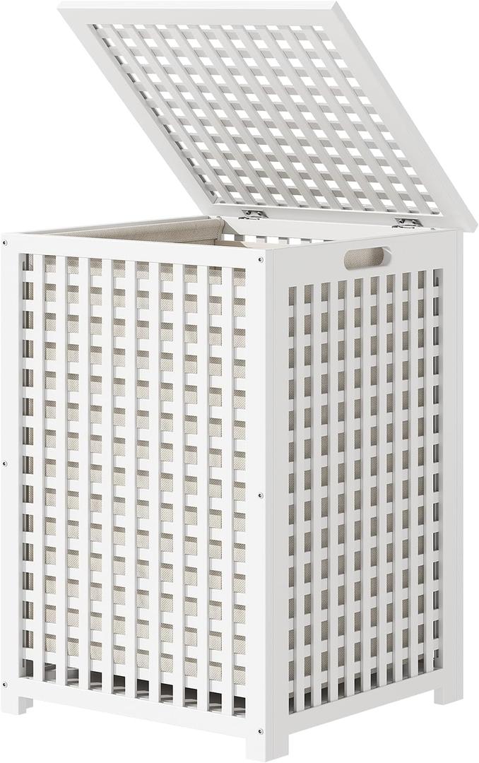 oakvivo Bamboo Laundry Hamper, 17.7" x 17.7" x 25.6" Bathroom Waterproof Wood Laundry Basket with Lid and Handles, Laundry Sorter with Removable Washing Bag, Laundry Bin Organizer for Bedroom(White)