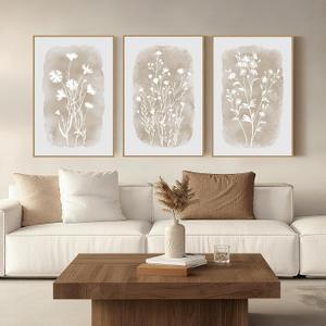 Neutral Wildflower Wall Art Framed Boho Botanical Large Vintage Farmhouse Minimalist Floral Beige Canvas Wall Decor Prints for Living Room Bedroom Office, 3 Panels, 24x36 Inch