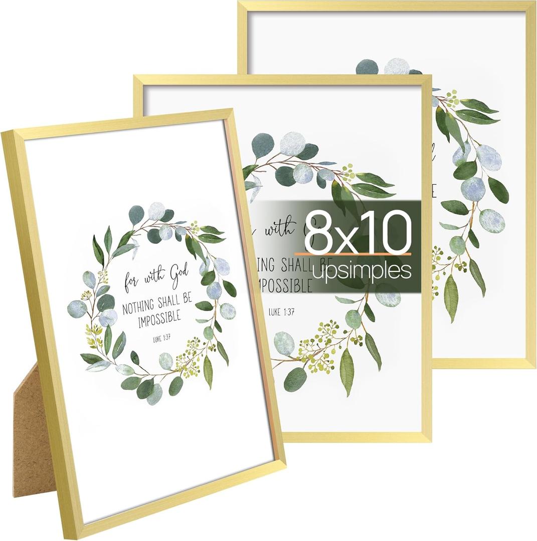 Upsimples 8x10 Picture Frame Set of 3, Made of High Definition Glass for 8 x 10, Wall and Tabletop Display Thin Border Photo Frames for Home Decor, Gold