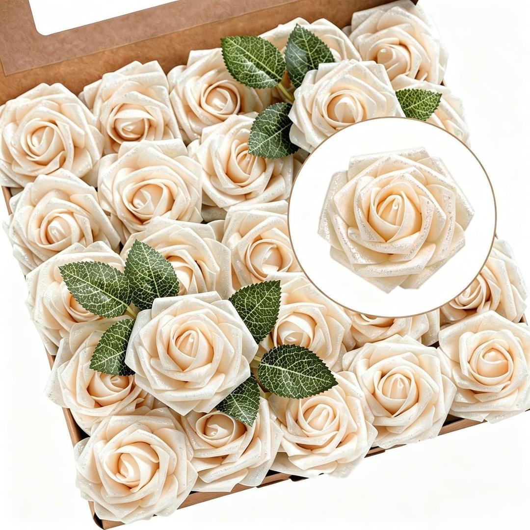 Ling's moment Artificial Flowers 25Pcs Glowing Cream Roses Decor w/Stems,3" DIY Foam Floral for Wedding Bouquet/Centerpieces, Outdoors Party Backdrop, Room/Table, and Garden/Pot Decorations