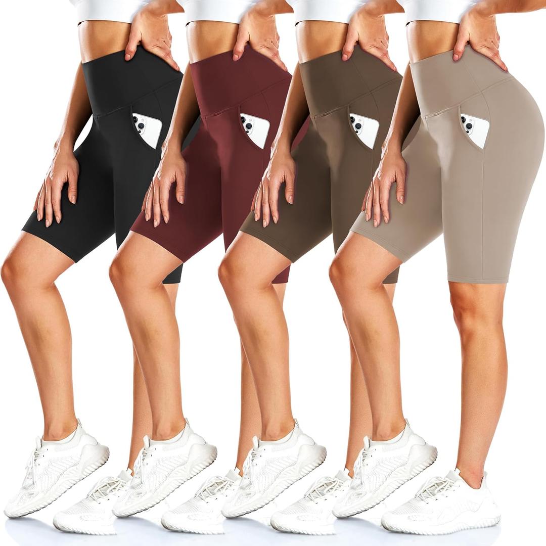 FULLSOFT 4 Pack Biker Shorts for Women with Pockets  8" High Waisted Tummy Control Workout Yoga Running Shorts (Large-X-Large, 4 Pack Black/Deep Red/Mocha/Khaki)