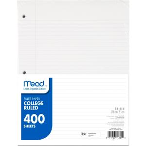 Mead Loose Leaf Paper, College Ruled Filler Notebook Paper, 8-1/2" x 11", 400 Sheets, Fits 3-Ring Binder (170046-ECM)