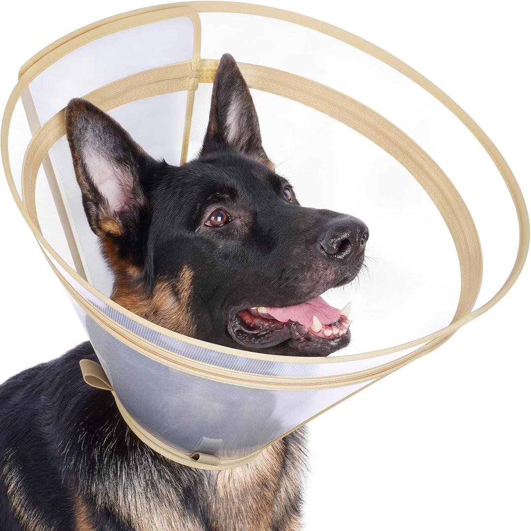 Dog Cone to Stop Licking, Clear Recovery Collar with Detachable Zipper, Sturdy Elizabethan Collar for Large Medium Small Dogs, Soft Adjustable Cone After Surgery Patented, Khaki L (L(Neck: 13.75"-16.5"))