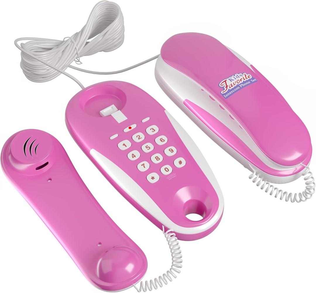 Kids Play Phone, Intercom Toy with Real Ring Sounds, Pretend Play Telephone, 23 ft Ultra-Long Phone Line with Kids to Chatting and Learning, Toddler Develop Communication Skill Toys, Kids Gift (Pink)