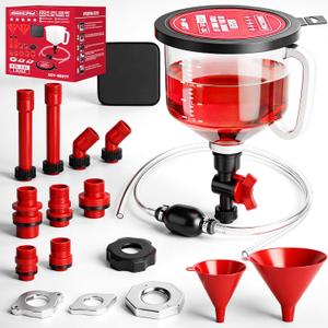 22-Piece No-Spill Coolant Filling Funnel Kit and Siphon Hose Pump, Radiator Coolant Filling Spill-Proof Funnel Kit with Adapters, Extensions, PVC Hose, Engine Oil Funnels, Towel for Universal Vehicle