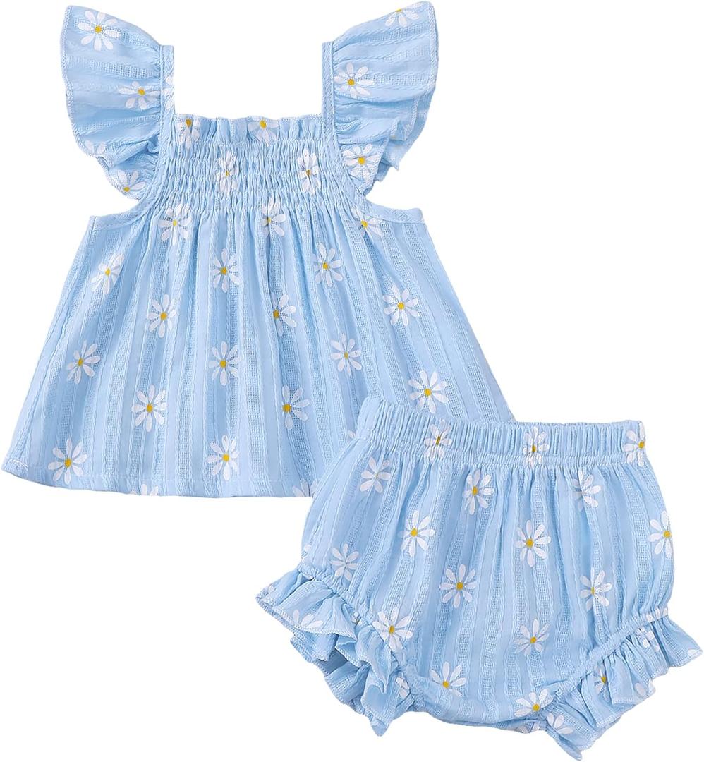 Jecson Newborn Baby Girl Summer Clothes Infant Girl Outfits Sleeveless Ruffle Top and Bloomers Shorts Set 0 12- 18  Month (Blue)