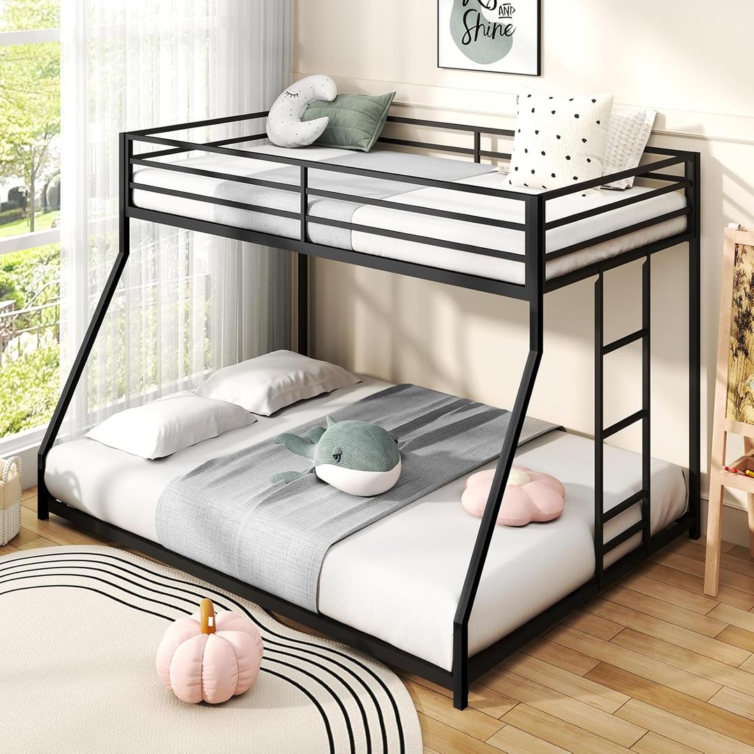 Twin Over Full Size Bunk Bed, Metal Low Profile Bunkbeds with Full-Length Guardrail and Ladder, Space Saving, No Boxing Spring Needed, Black