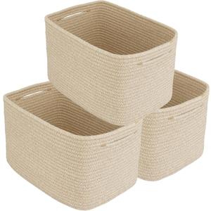 Rope storage Basket Bins Woven Basket for Organizing Shelves Rectangle Decorative Baskets For storage Clothes Toys Books Towels Square Wicker Nursery Basket Organizer 3 Pack Oatmeal