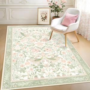 5'x7' Area Rugs Washable,Green Rug for Living Room Bedroom,Large Boho Farmhouse Bohemian Botanical Distressed Oriental Carpet Non Slip,Sage Floral Bird