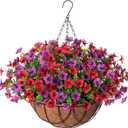 Artificial Silk Flowers Hanging Basket for Outdoor Indoor, Daisy with Eucalyptus Leaves Arrangement for Garden Yard Spring Summer Decor, Faux Green Plant in Metal Coconut Lining Pot(Red Purple)