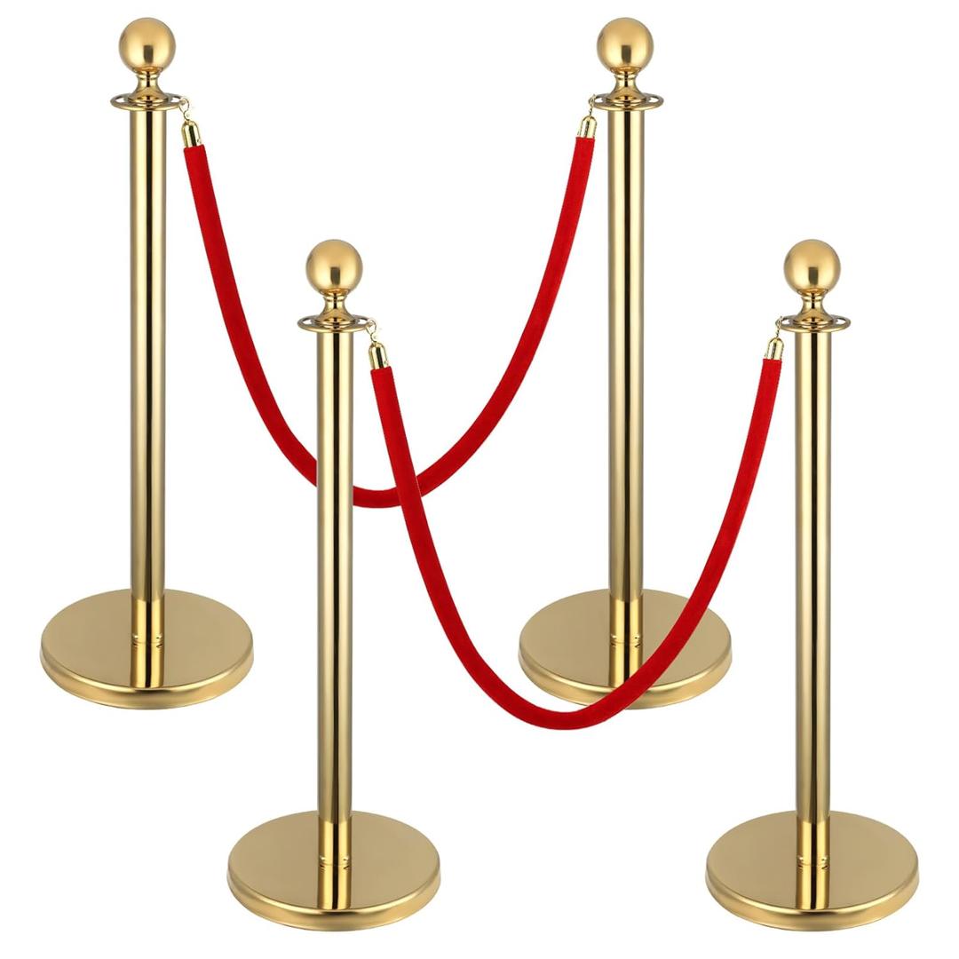 4 PCS Stainless Steel Stanchion Post,5Ft Red Velvet Rope, Hollow Base and Velvet Ropes Safety Barriers Set, Poles Crowd Control Barriers for Red Carpet Themed Decoration (Gold Color)