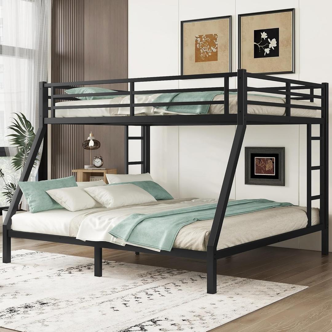 Queen Over King Bunk Bed for Adults, Teens, Queen Over King Bunk Beds with 2 Ladder and Full Length Guardrail, Heavy Buty Bunk Beds with Noise-Reducing Rubber Stoppers, Black