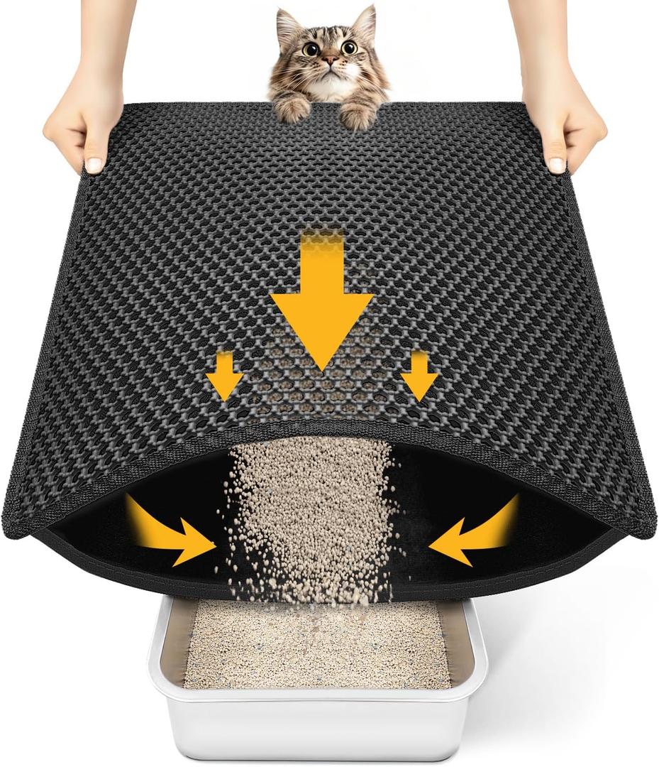 Cat Litter Mat Compact Size 23.6"x14.6" for Small Spaces, Upgrade Waterproof Leakproof Back Layer, Honeycomb Trapping Mat, Washable, Easy to Clean, Scatter Control Kitty Litter Matt, Black