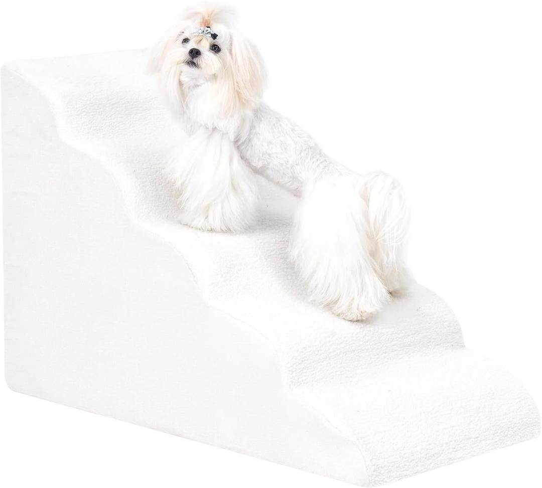Uross Dog Stairs for Small Dogs-5 Steps Ramps for High Bed Couch, High Density Foam Pet Stairs for Dogs to Get on Bed, 5 Tiers Cat Doggy Steps Ramps for Joint Pain Dog(Beige)