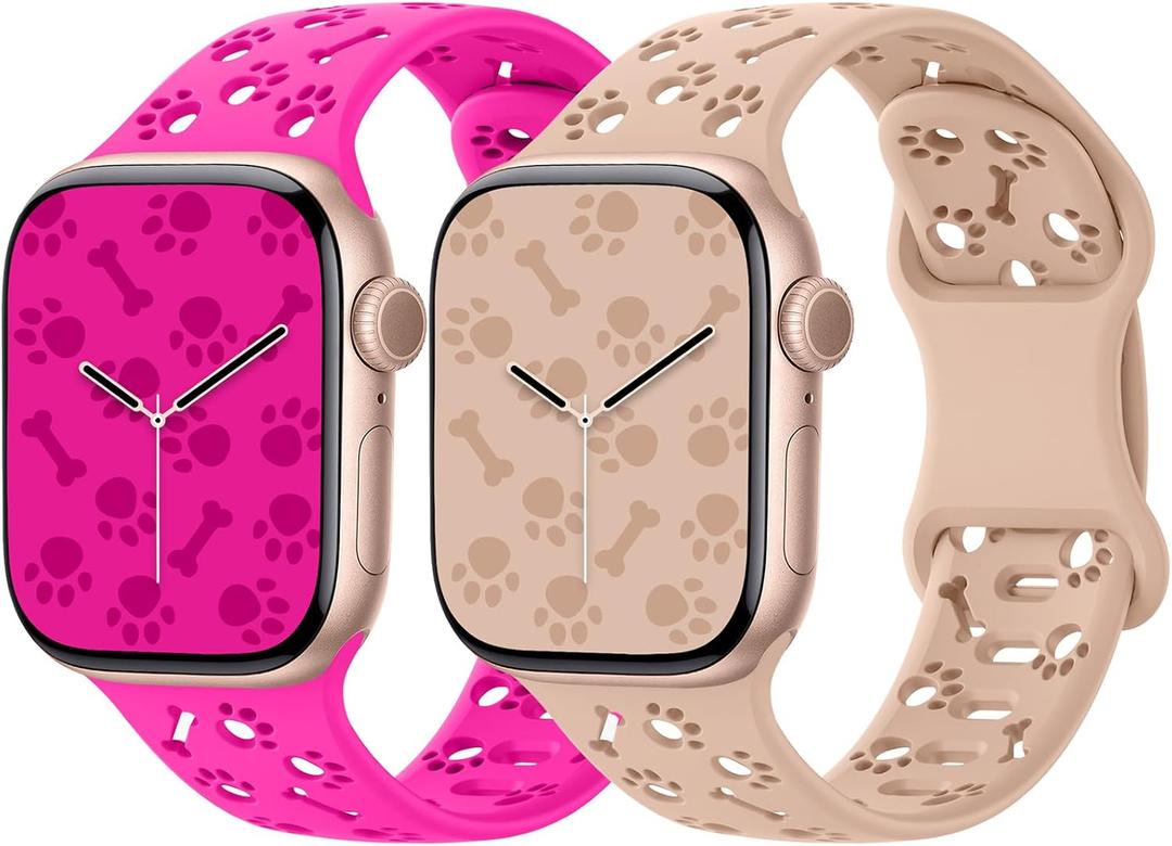 2 x 2 Pack Silicone Bands Compatible with Apple Watch 40mm 38mm 44mm 45mm 41mm 42mm 49mm Women, Hollow-Out Dog Paw Design Waterproof Sport Strap for iWatch Series 10/9/8/SE/7/6/5/4/3/2/1 (Hot Pink+Milk Tea)