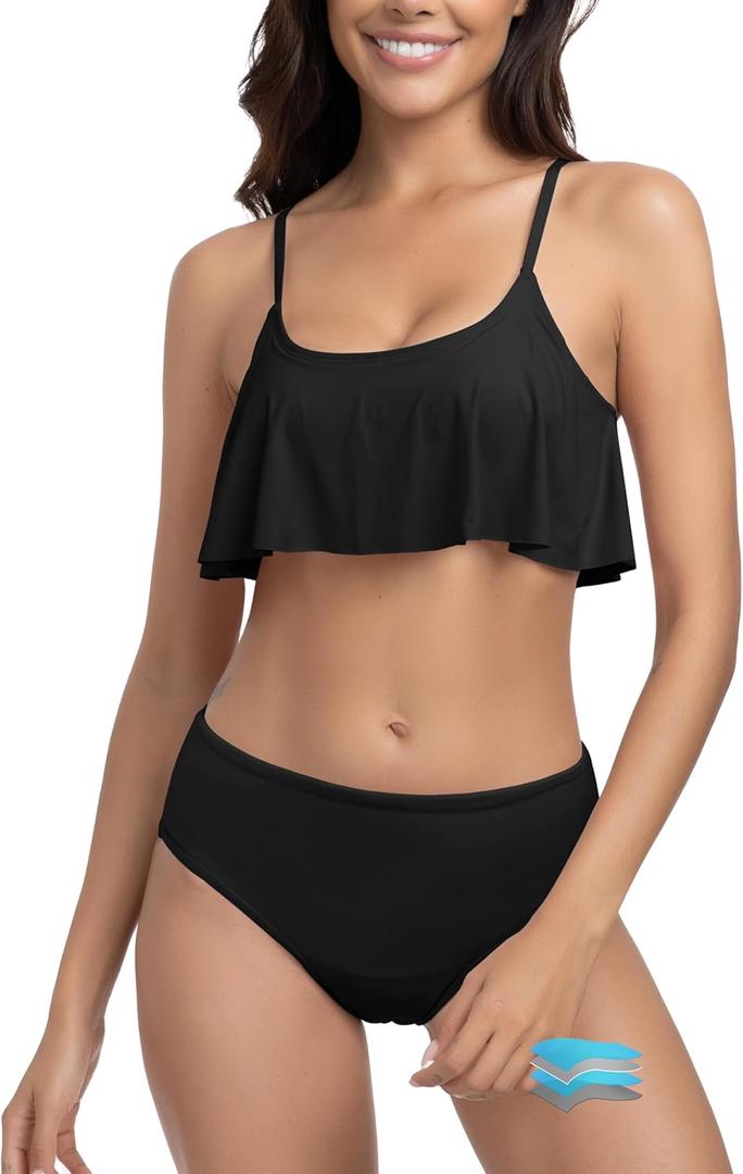 Beautikini Period Swimwear for Teens Menstrual Leakproof Ruffle Bikini Set Period Bikini Swimsuits Period Bathing Suits for Teen Girls(Black,Small)