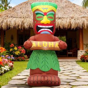 DomKom 5FT Tiki Luau Inflatables, Tiki Hold Sign Board with Aloha, Hawaiian Summer Tropical Beach Blow up Party Decor Party Giant Yard Decoration, Outdoor Built-in LED Lights Lawn Holiday Outside