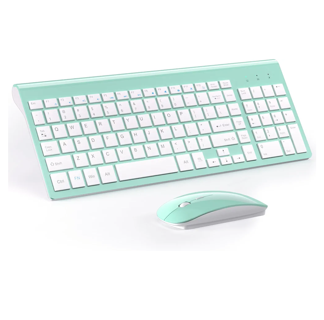 Wireless Keyboard and Mouse Ultra Slim Combo, TopMate 2.4G Silent Compact USB 2400DPI Mouse and Scissor Switch Keyboard Set with Cover, Batteries Included, for PC/Laptop/Windows/Mac - Mint Green