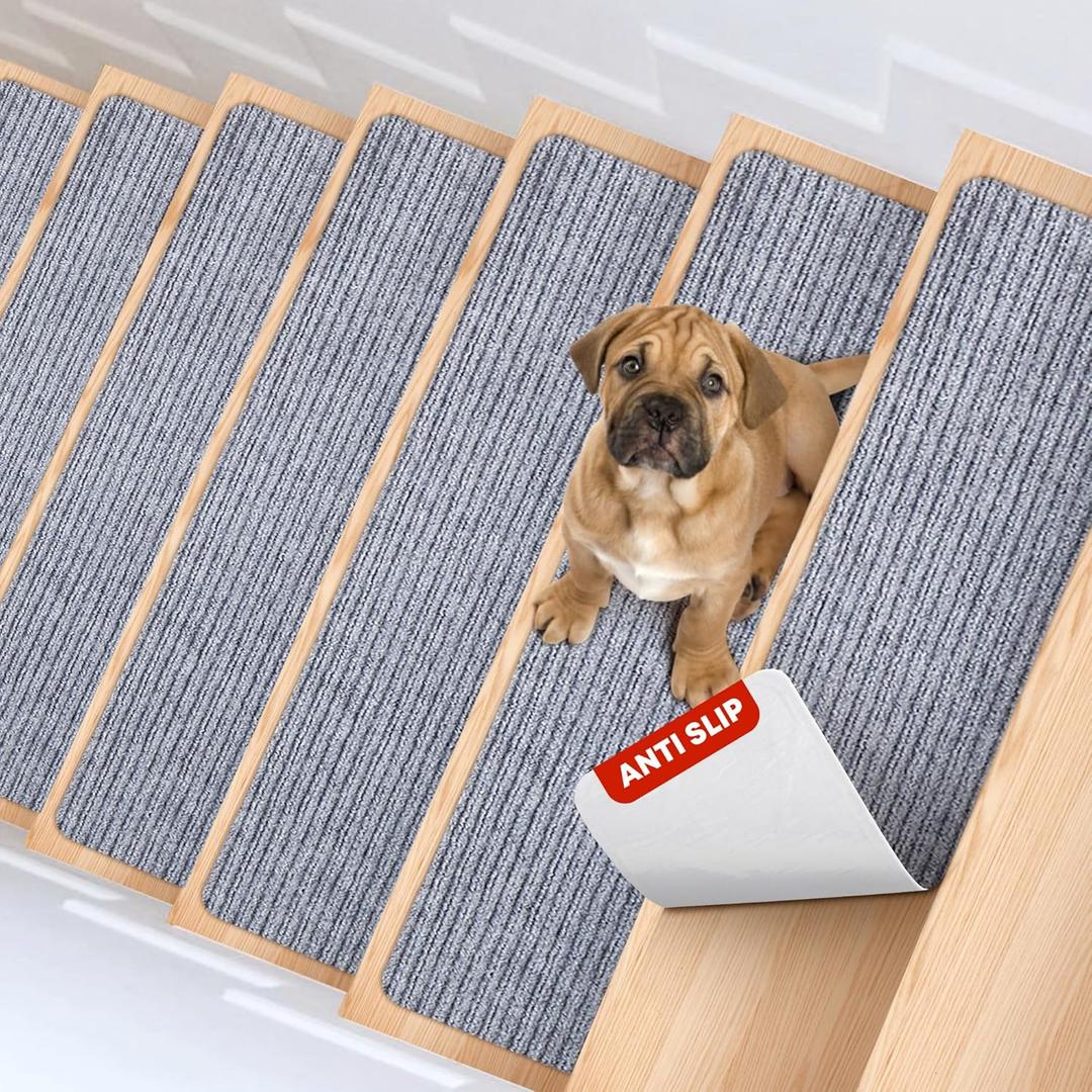 MBIGM 8" X 30" (15 in Pack) Non-Slip Carpet Stair Treads Non-Skid Safety Rug Slip Resistant Indoor Runner for Kids Elders & Pets with Reusable Adhesive - Light Gray - Carpet Pads for Stairs