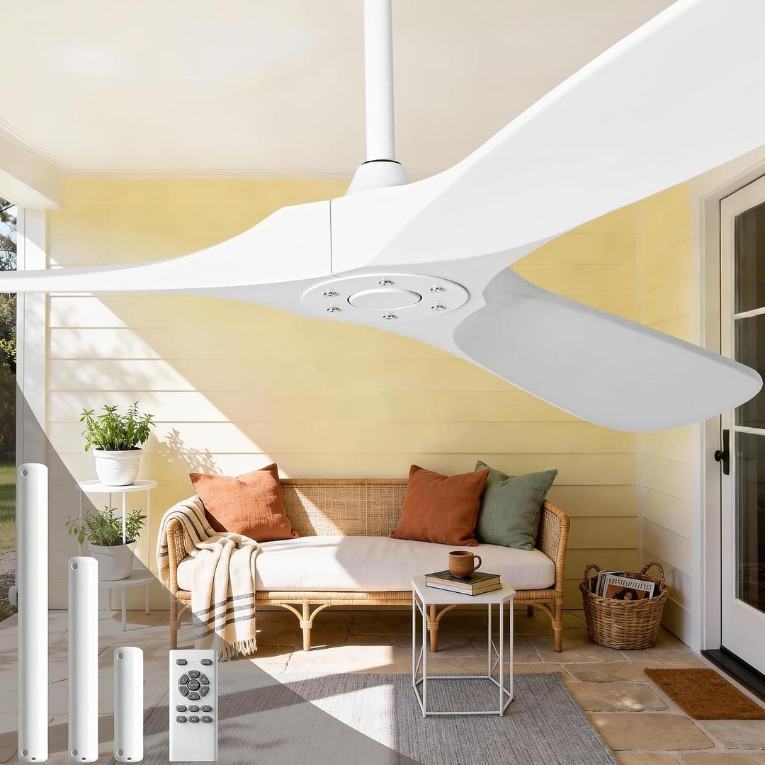 60 Inch White Ceiling Fan No Light, Wood Indoor Outdoor Ceiling Fans for Patios Living Room Bedroom Gazebo, Big 3 Blade Propeller Wet Rated Ceiling Fans for Sloped Angled Ceiling