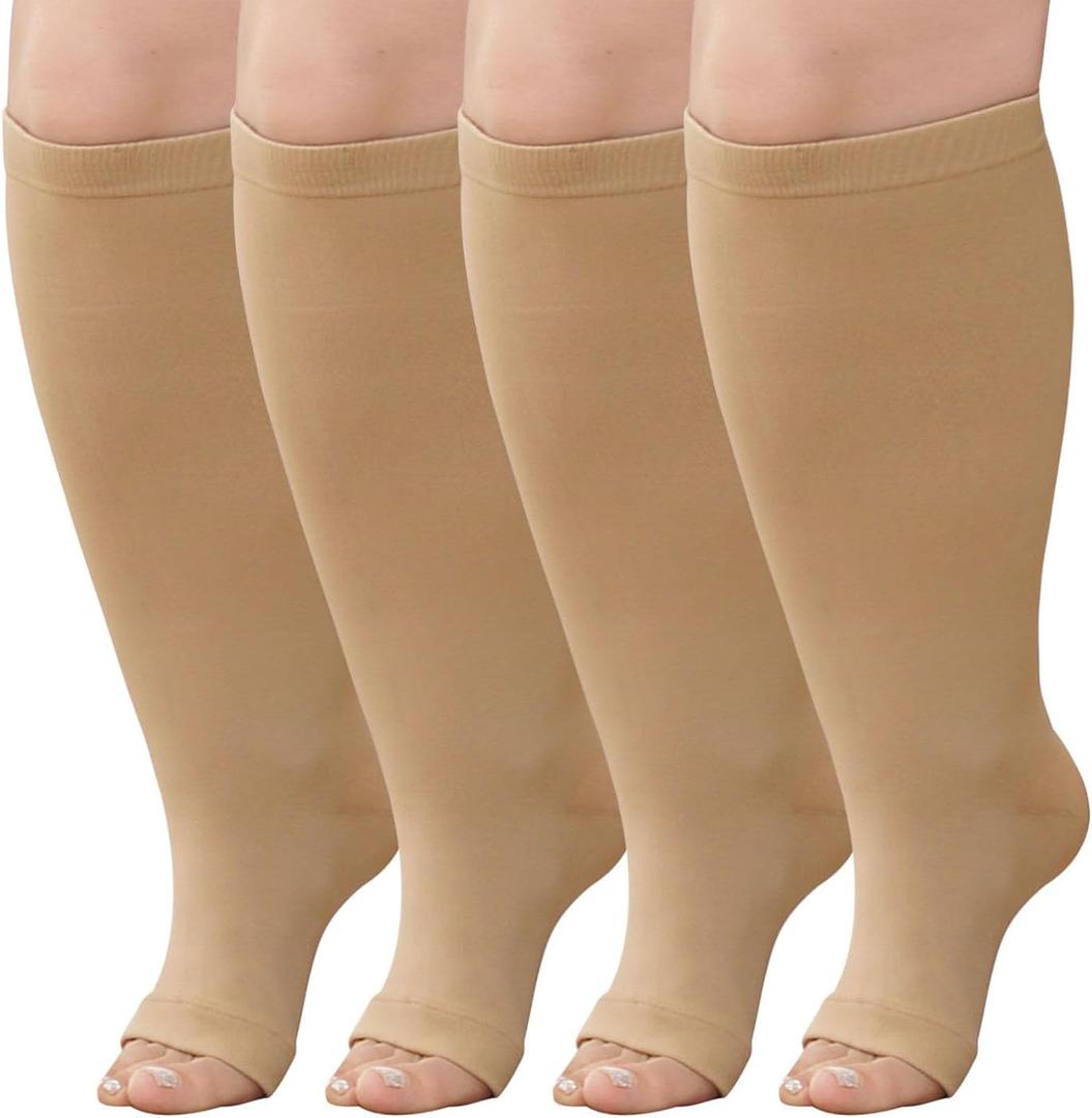 Plus Size Compression Socks: Wide Calf Toeless Stockings for Men Women - Open Toe 20-30 mmHg Compression Hose Support for Travel Nurses (7XL, Beige-2 Pairs)