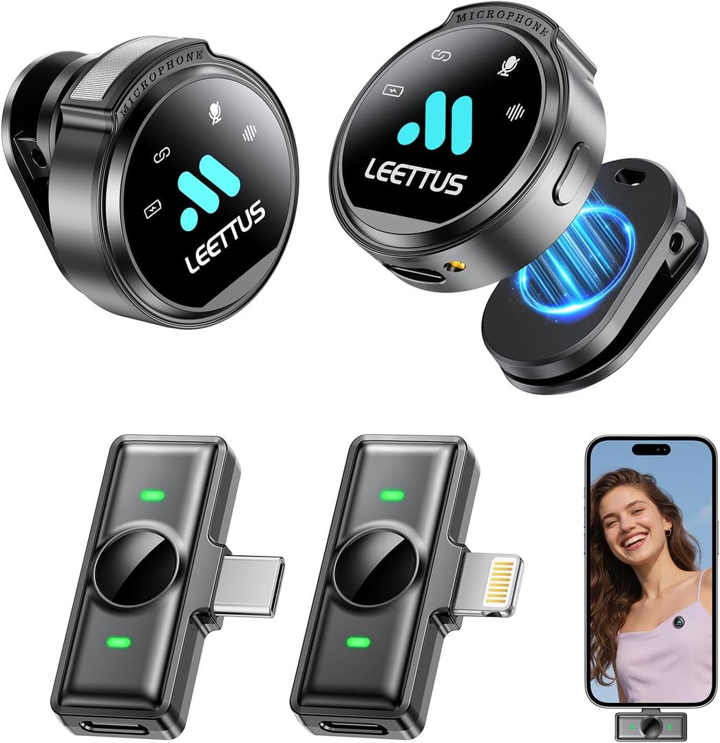 Mini Microphone for iPhone 17/16/15-7/Android/Tablet,Lavalier Wireless Microphones with Dual Receivers, DSP Noise Cancellation,Magnetic Clip,18H, Ideal for Video Recording,Podcast,Interviews, Gifts (Black)