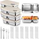 12 Pcs Stainless Steel Snack Containers Set 6 Pack 2 Compartment Bento Boxes with Lids 6 Sets of Reusable Flatware 20oz Grab and Go Chopsticks Knife Fork Spoon with Case for Travel Picnic