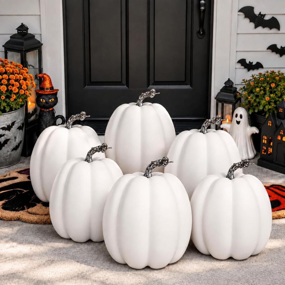VioraWhite 6 Pcs Large White Pumpkins for Outdoor Porch Halloween Decor