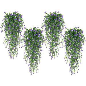 SJL Hanging Greenery 4pcs Realistic Artificial Plants Indoor Artificial Hanging Plants Outdoor Fake Eucalyptus Faux Ivy Plastic Flowers Leaves Decor for Bedroom Porch Wall (Purple)