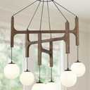 Large Black Farmhouse Wood Chandelier, 6-Lights Rustic Dining Room Light Fixtures Over Table Hanging, Industrial Milk Glass Globe Chandelier for Kitchen Island Living Entryway Stairwell