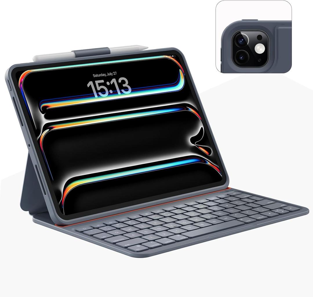 Case with Keyboard Compatible for iPad Pro 11 inch(M4/ M5): Bluetooth Wireless Magnetic Stand Rechargeable Keyboard with Pencil Holder (Light Grey)