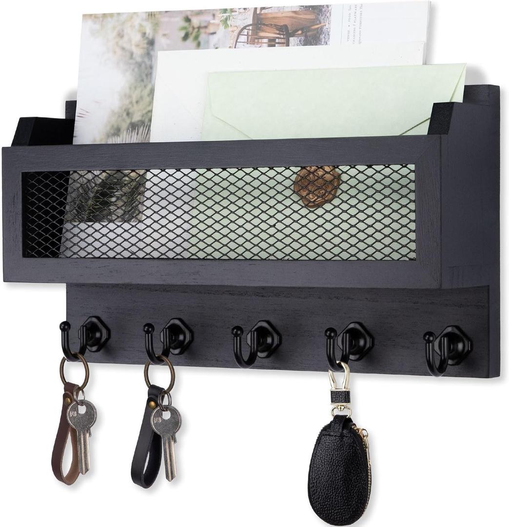 Nekon Mail and Key Holder for Wall Decorative, 11 Inch Wooden Wall Key Organizer with 5 Key Hooks, Wall Mount Storage Shelf for Entryway Hallway (Black)