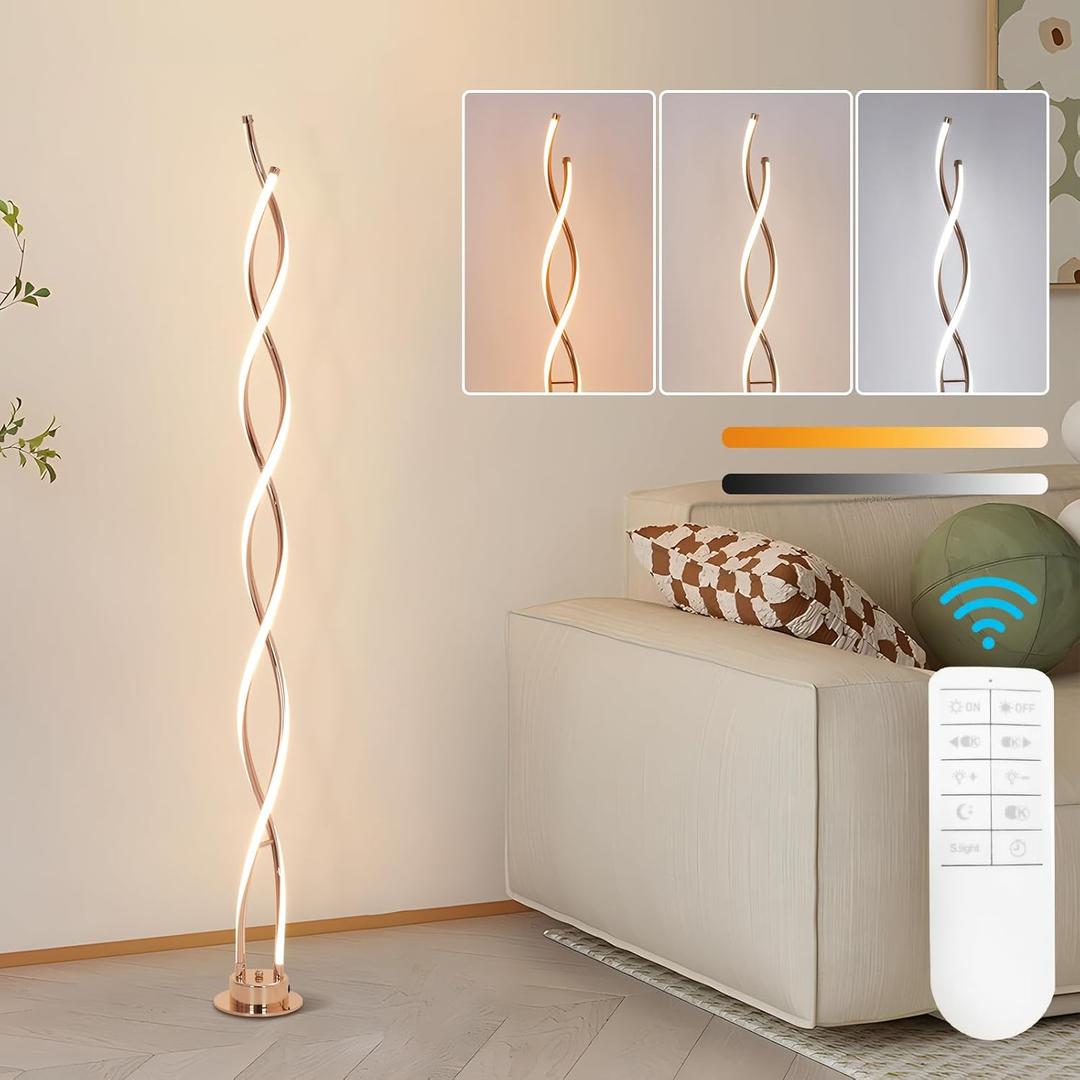 ADISUN 31W Modern Floor Lamp, LED Spiral Floor Lamp for Living Room, 3-Color Dimmable Standing Floor Lamps with Remote Control, 58" Tall Lamp for Bedroom Office Dining Room (Gold)