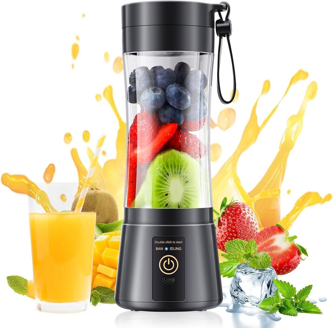Cordless Portable Personal Size Blender - Mini Blender Make Smoothies and Shakes, 380Ml BPA Free Travel Cup, Powerful Blending Suit in Office/Home/Gym (Black)