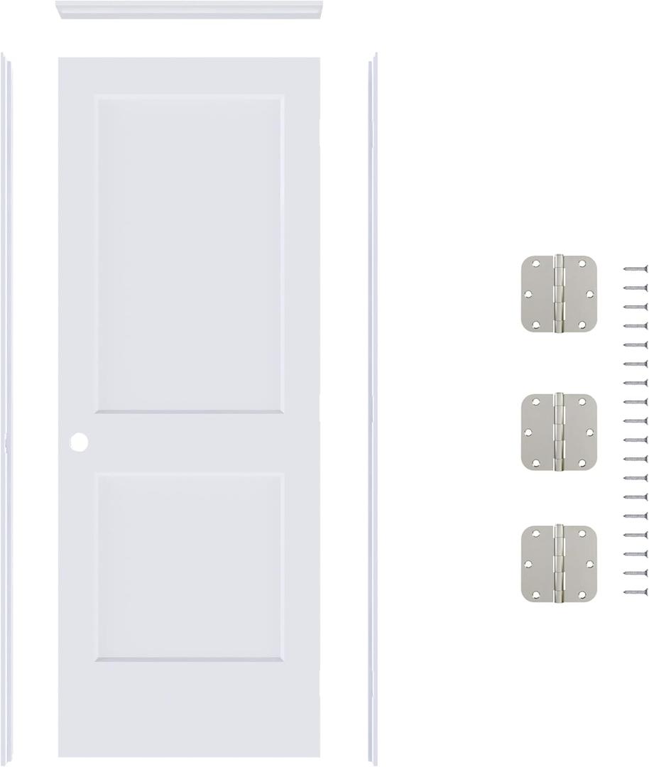 JUBEST 32"x80" Left-Hand Prehung Interior Door with Knock Down Jamb Kit & Satin Nickel Hinges, 2-Panel White Primed Hollow Core Molded Door Slab with Bore & Hinge Cutout, Durable & Sturdy, No Handle
