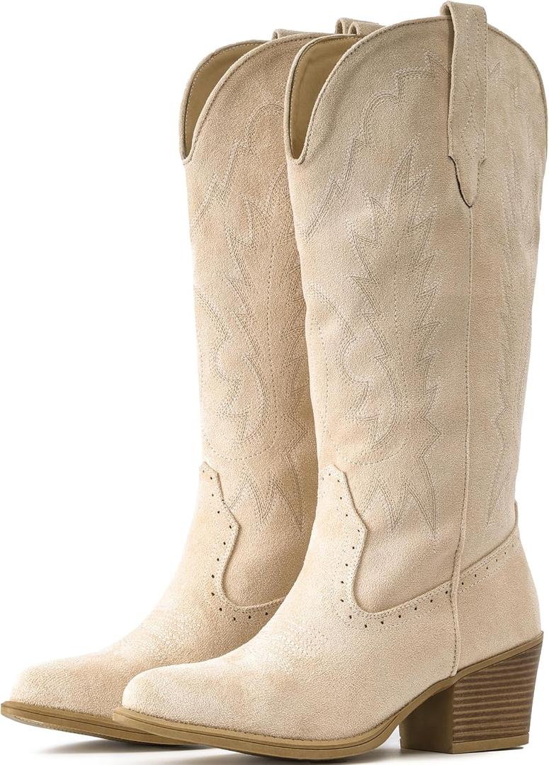 IUV Suede Cowboy Boots For Women Chunky Heel Pointed Toe Cowgirl Boots Mid Calf Western Embroidery fall Boot (6.5, Camel)