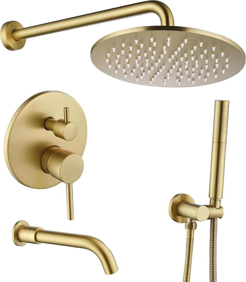 Tomfaucet Shower System with Tub Spout, 10" Round Rain Shower Head with Handheld, 3-Function Bathtub Shower Faucet Set, High Pressure Shower Kit with Tub Faucet, 2 Modes Handheld Spray, Brushed Gold