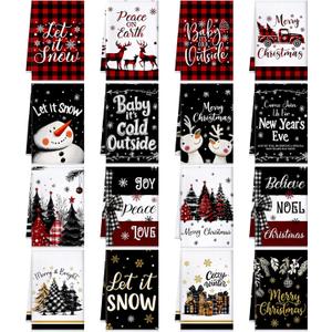 Bencailor 16 Pcs Christmas Kitchen Towels Xmas Holiday Hand Dish Towels Buffalo Plaid Snowman Truck Tea Dishcloths for Christmas Winter Holiday Kitchen Bathroom Home Decor Gifts (Red, Black)